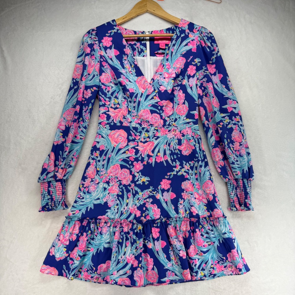 Lilly‎ Pulitzer Rosie Stretch Floral Long Sleeve Ruffle Mini Dress Party Size 0